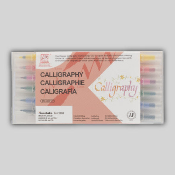 A twelve-color set of ZIG Memory System Calligraphy Markers