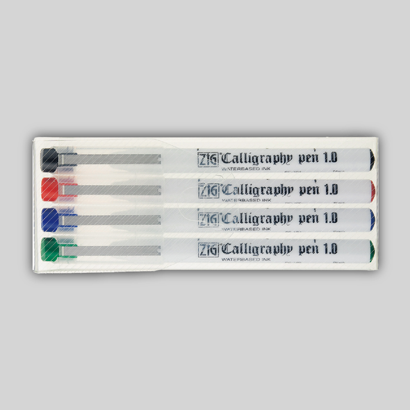 A box set of four ZIG Calligraphy Markers in four colors, black, red, green, blue with 1 milimeter tips