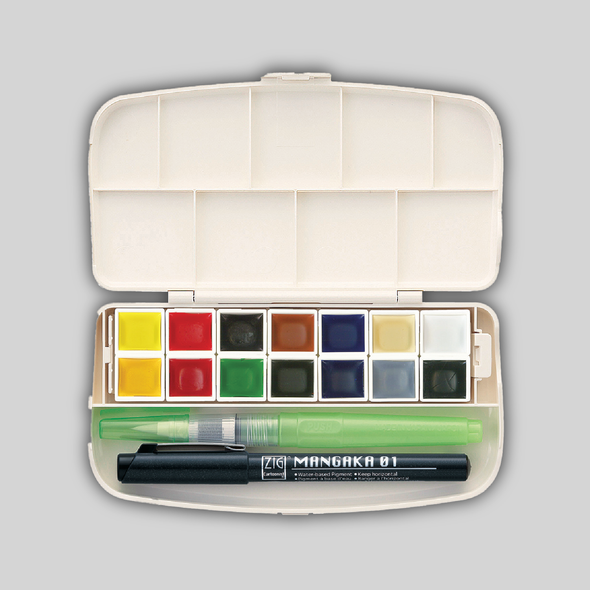A 14 color set of Gansai Tambi watercolor paint, complete with watercolor brush pen for painting on the go.