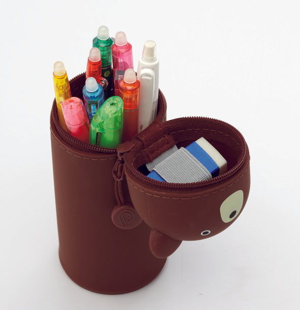 A PuniLabo Bear pen case is shown unzipped, with pens showing out the top like an ICBM silo