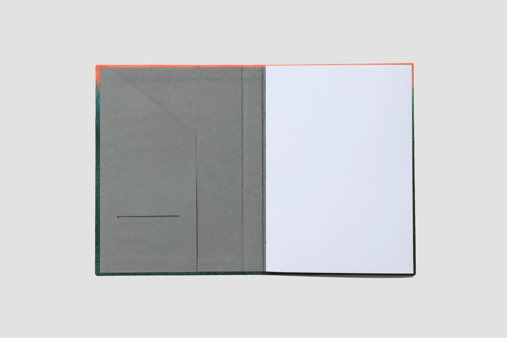 Open Elevated Angle of Orange and Green Gugimfolio showing inside pocket and business card slot