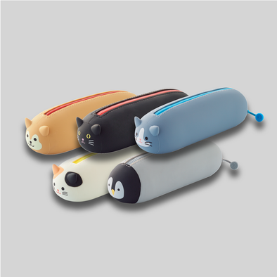 Group shot of all five styles of PuniLabo lying down zipper pouches: Shiba dog, black cat, gray cat, calico cat, and penguin