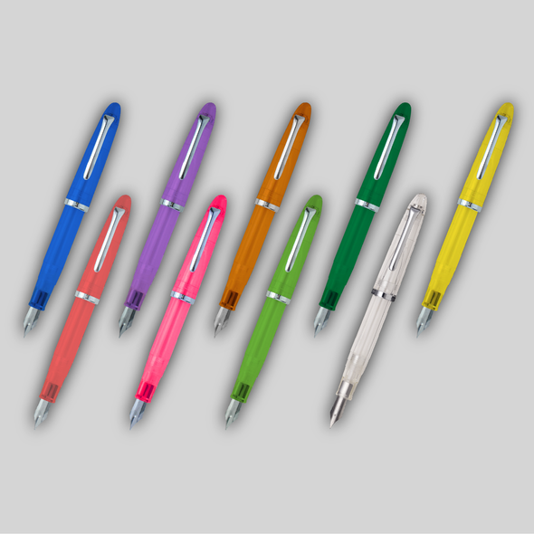 Group of nine colorful transparent Sailor Compass Steel 1911 fountain pens organized in two rows, from left to right: blue, red, purple, pink, orange, light green, dark green, clear, and yellow.