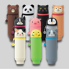 Group shot of all ten styles of PuniLabo Stand Up Pen Cases. Brown bear, panda bear, black cat, shiba dog, Boston terrier, pink pig, penguin, calico cat, parrot, and gray cat shown