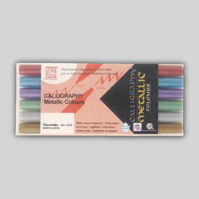 A six-pack of metallic ZIG Calligraphy markers in red, blue, purple, green, silver, and gold