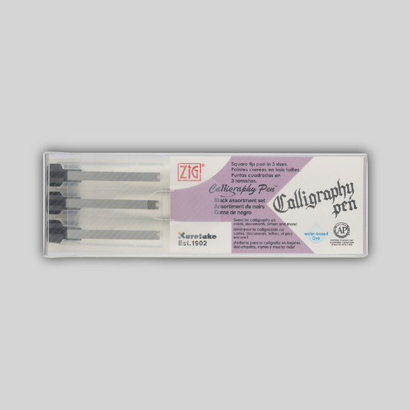 Three pack of ZIG Calligraphy Pens, with 1,2, and 3mm square tip ends.
