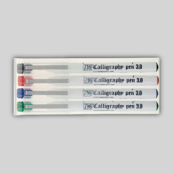 A box set of four ZIG Calligraphy Markers in four colors, black, red, green, blue with 3 milimeter tips