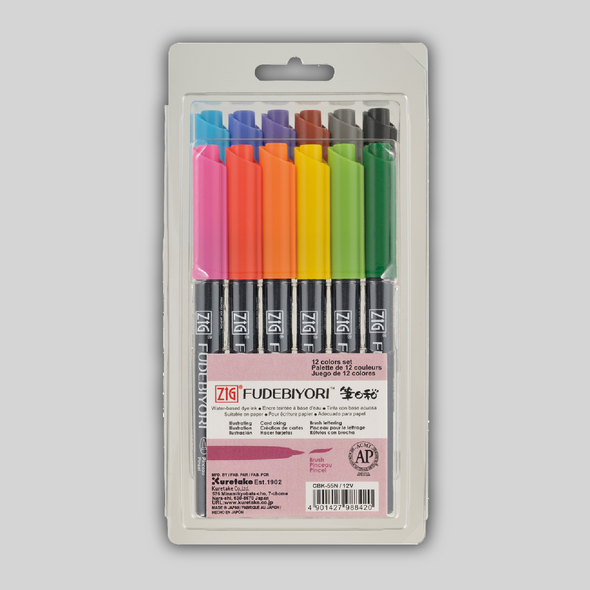 A twelve pack of ZIG Fudebiyori markers in teal, blue, purple, brown, gray, black, pink, red, orange, yellow, lime green, and dark green.