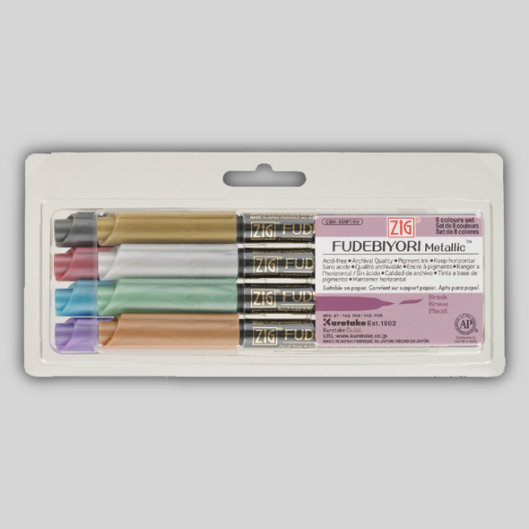 An eight pack of ZIG Fudebiyori Metallic Markers in charcoal black, red, teal, purple, gold, silver, green, and bronze