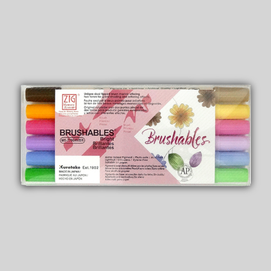 A six-color marker set in brown, orange, pink, lilac, sky blue, and lime green