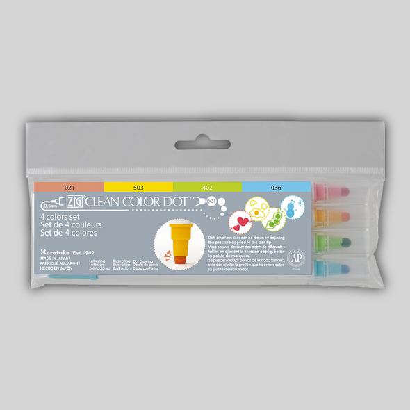 A boxed set of four ZIG Clean Color Dot markers in pastel red, yellow, green, and blue