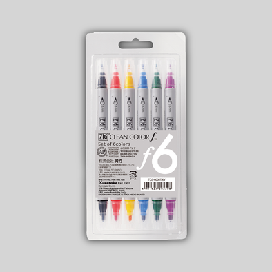 Six pack of Zig Clean Color f Markers in black, red, yellow, blue, green, and purple
