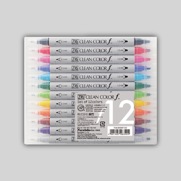 A twelve pack of ZIG Clean Color f markers in black, red, fuschia, blue, teal, dark green, lime green, yellow, orange, red, purple, and gray