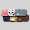 Group shot of six PuniLabo Zipper Pouches: Pink pig, Panda, Gray cat, black cat, Shiba Dog, and Bear