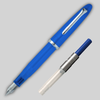 Blue Sailor Compass 1911 Steel Fountain pen diagonally across page, showing matching color converter alongside.