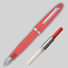 Red Sailor Compass 1911 Steel Fountain pen diagonally across page, showing matching color converter alongside.